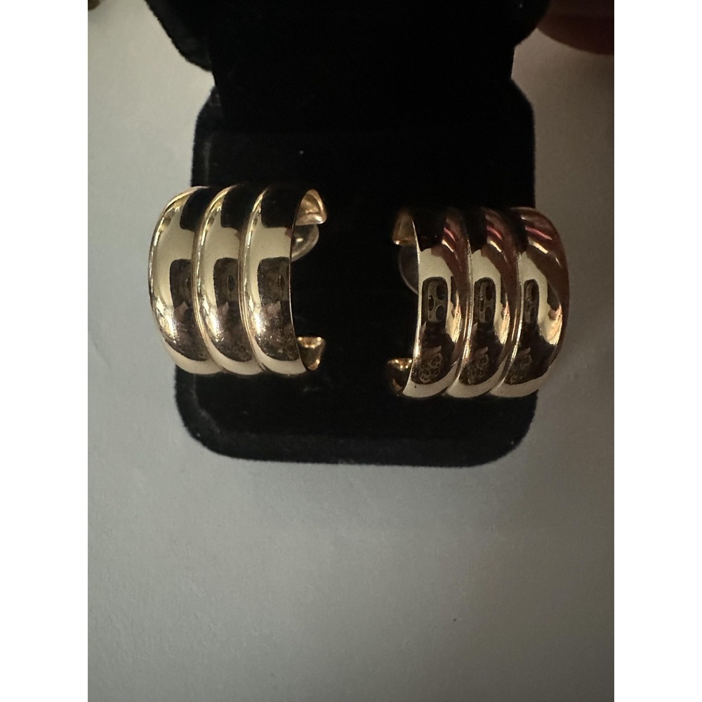 Gold Tone Triple Band Hoop Earrings Womens 1 Inch Huggie Chunky Statement